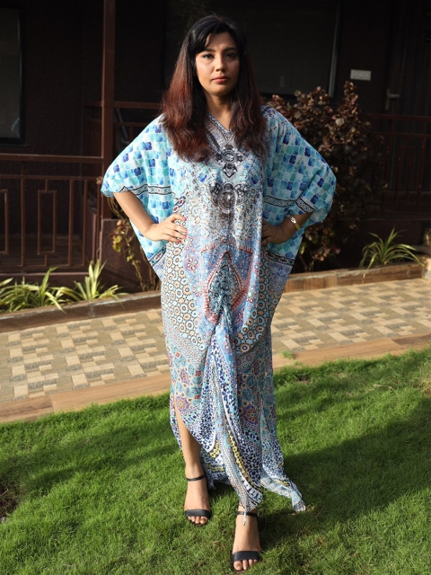 

Rajoria Instyle Women Printed Georgette Coverup Kaftan Maxi Dress, Blue
