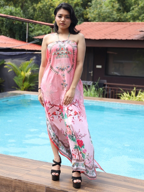 

Rajoria Instyle Women Printed Strapless Georgette Maxi Dress, Pink