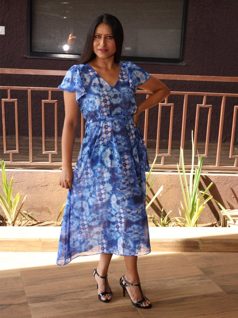 

Rajoria Instyle Women Tie and Dye Printed Georgette Midi Dress, Blue