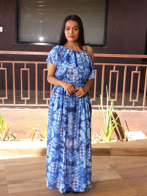 

Rajoria Instyle Women Tie and Dye Printed One Shoulder Georgette Maxi Dress, Blue
