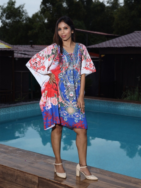 Rajoria Instyle Women Floral Tie-Up Neck Georgette Kaftan Dress, Blue