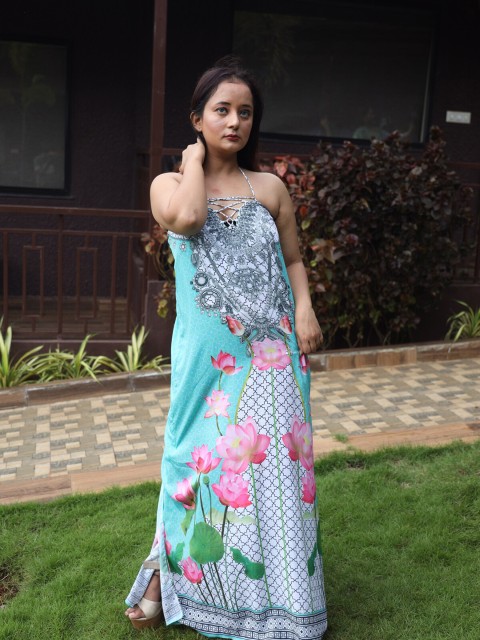 

Rajoria Instyle Women Floral Halter Neck Georgette Ethnic Maxi Dress, Blue