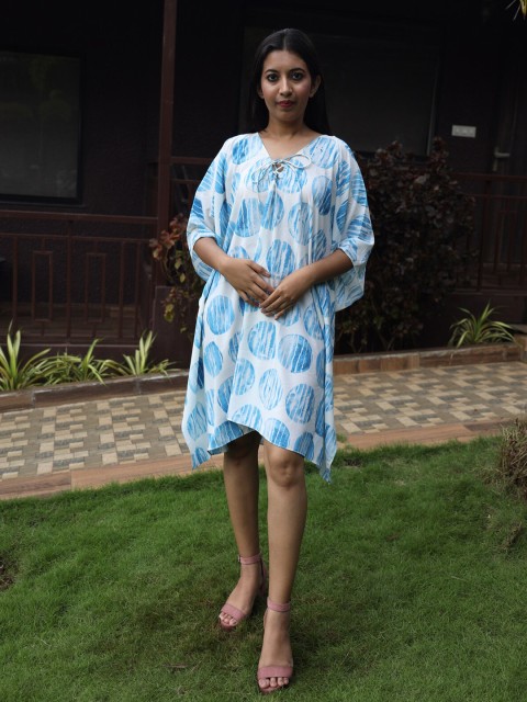 Rajoria Instyle Women Printed Tie-Up Neck Georgette Kaftan Dress, Blue