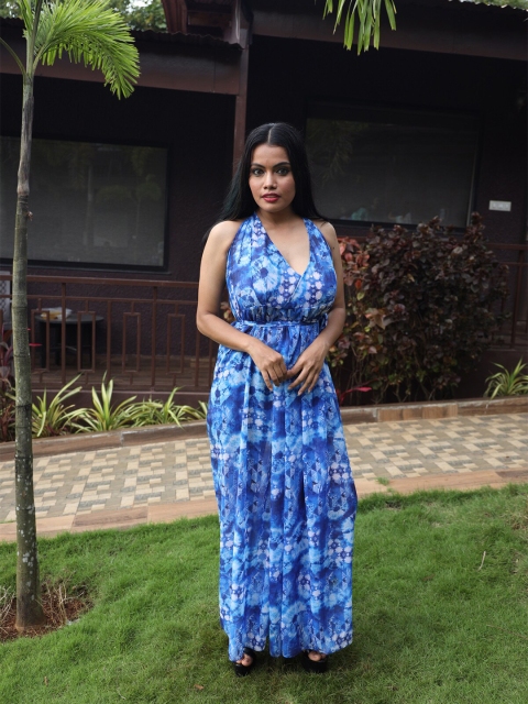 

Rajoria Instyle Women Printed Halter Neck Georgette A-Line Maxi Dress, Blue