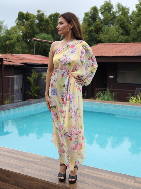 

Rajoria Instyle Women Floral One Shoulder Georgette A-Line Midi Dress, Yellow
