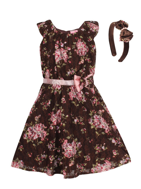 

CUTECUMBER Girls Coffee Brown & Pink Floral Print A-Line Dress