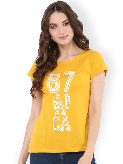 

The Vanca Women Yellow Printed Round Neck T-shirt