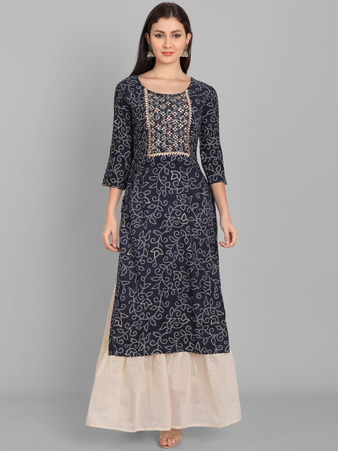 

Pakiza Women Navy Blue Ethnic Motifs Yoke Design Flared Sleeves Mirror Work Kurta