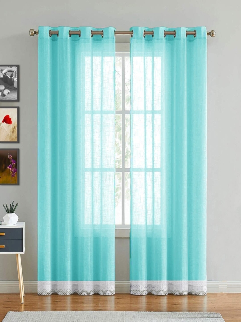 

HOMEMONDE Sheer Door Curtain with White Lace, Turquoise blue