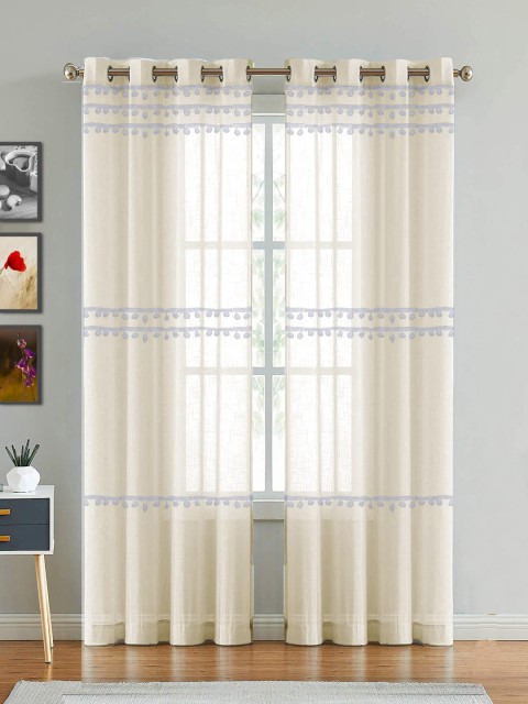 

HOMEMONDE Printed Self Design Pompom Sheer Door Curtain, Beige