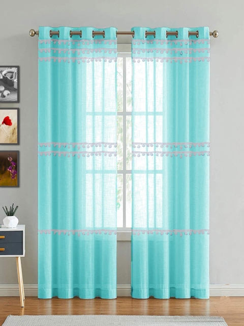 

HOMEMONDE Printed Self Design Pompom Sheer Door Curtain, Turquoise blue