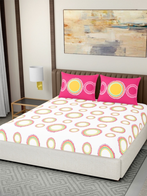 

SPACES Off-White & Pink Cotton 144 TC Double Bedsheet with 2 Pillow Covers