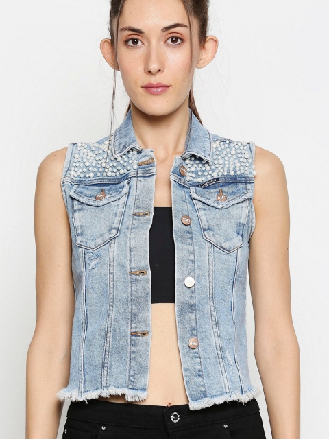 

LOVEGEN Women Washed Crop Denim Jacket with Embroidered, Blue
