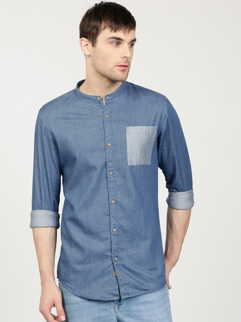 

ether Men Blue Slim Fit Solid Denim Casual Shirt