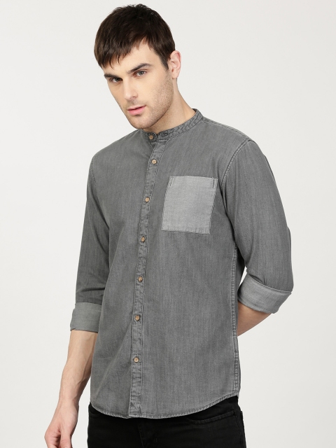 

ether Men Grey Slim Fit Faded Denim Shirt