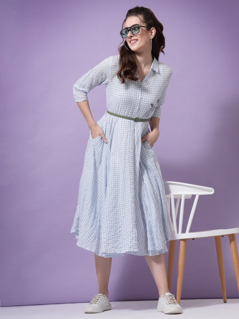 

TERQUOIS Women Cotton Checked Shirt Midi Dress, Blue