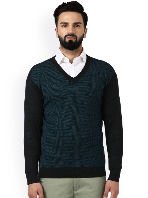 

Raymond Men Black & Teal Self Design Pullover
