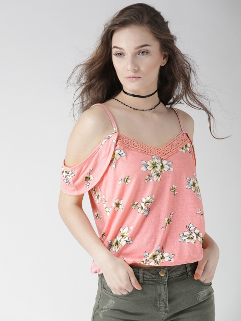 

Aeropostale Women Peach-Coloured Printed Cold-Shoulder Blouson Top
