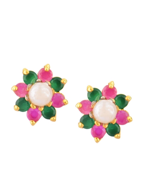 

Efulgenz Green & Pink Gold-Plated Floral Studs Earrings