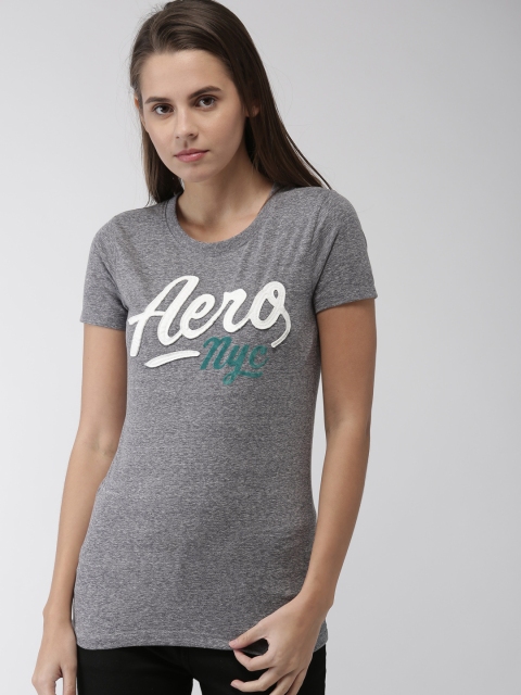 

Aeropostale Women Grey Melange Self Design Round Neck T-shirt