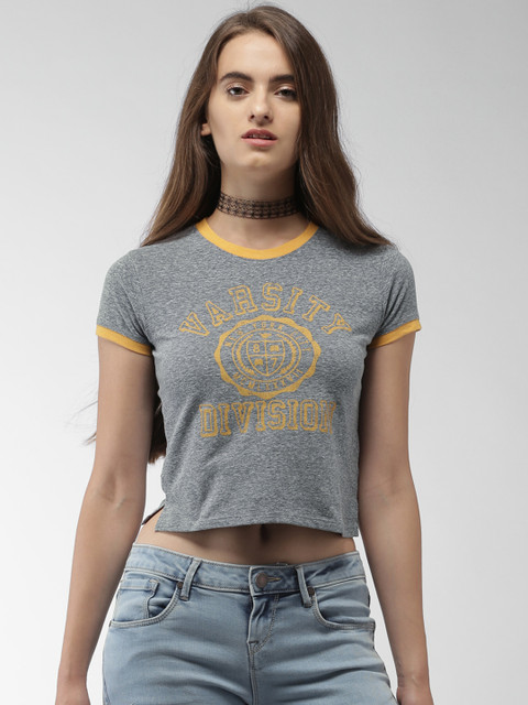 

Aeropostale Women Grey Melange Printed Round Neck Crop T-shirt
