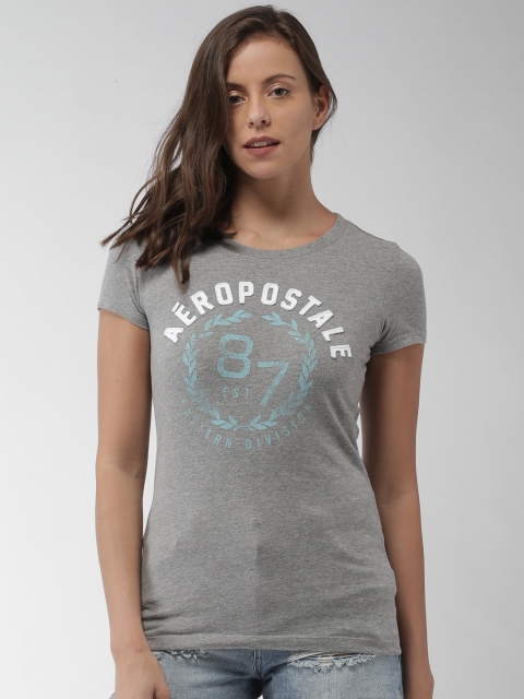 

Aeropostale Women Grey Melange Printed Round Neck T-shirt
