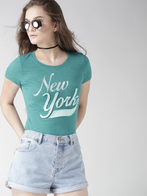 

Aeropostale Women Teal Green Self-Design Round Neck T-shirt