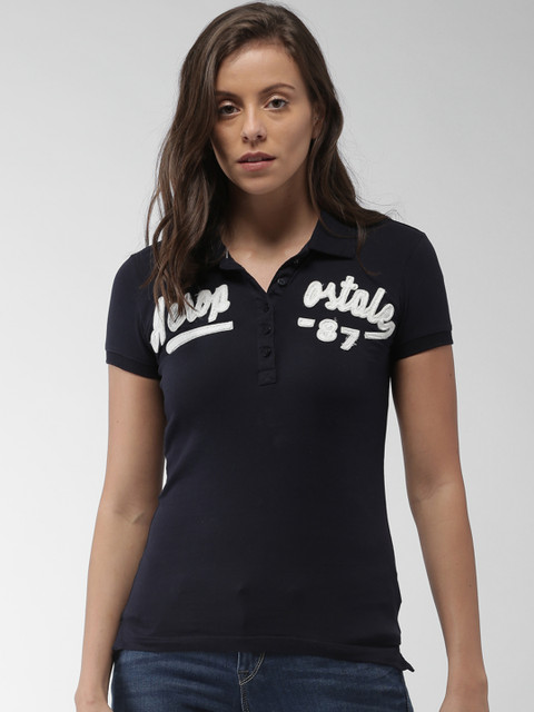

Aeropostale Women Navy Blue Self Design Polo Collar T-shirt