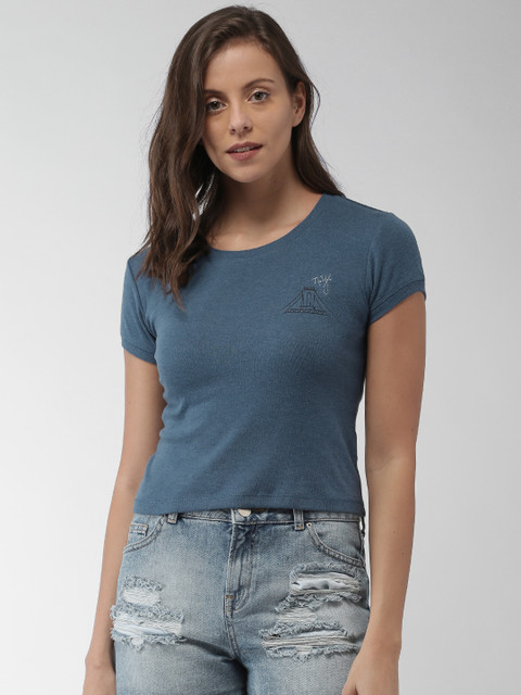 

Aeropostale Women Teal Blue Solid Round Neck T-shirt