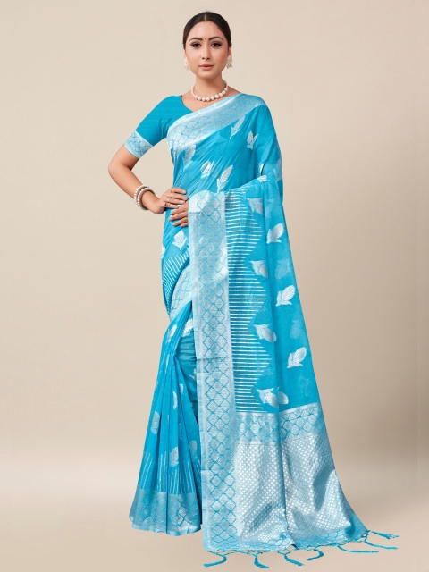 

AYKA CLOTHINGS Women Blue & Silver-Toned Floral Zari Banarasi Saree