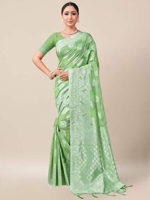 

AYKA CLOTHINGS Green And Silver Toned Floral Zari Banarasi Saree