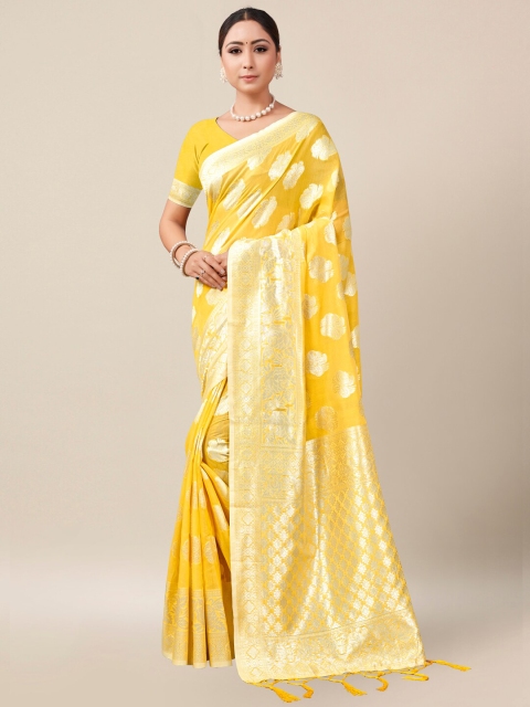 

AYKA CLOTHINGS Yellow & Silver-Toned Woven Design Banarasi Saree
