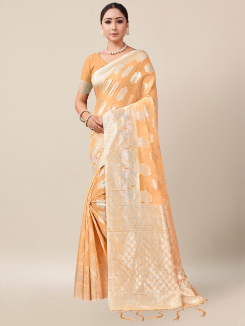 

AYKA CLOTHINGS Beige & Silver-Toned Floral Woven Design Zari Banarasi Saree