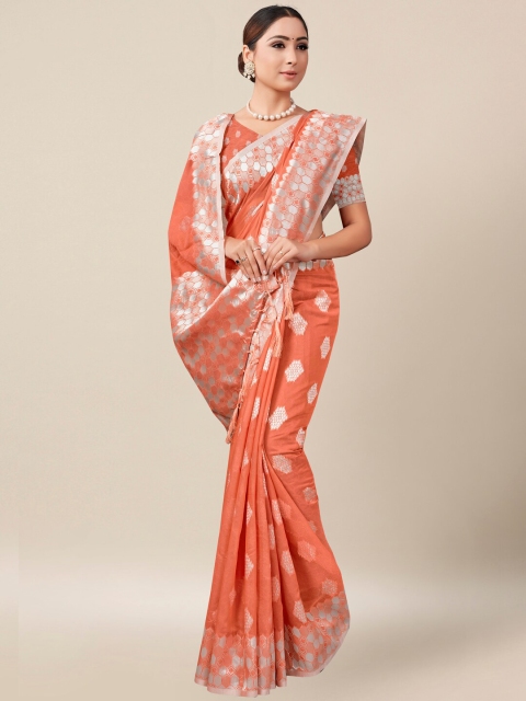 

AYKA CLOTHINGS Peach-Coloured & Silver-Toned Floral Zari Banarasi Saree