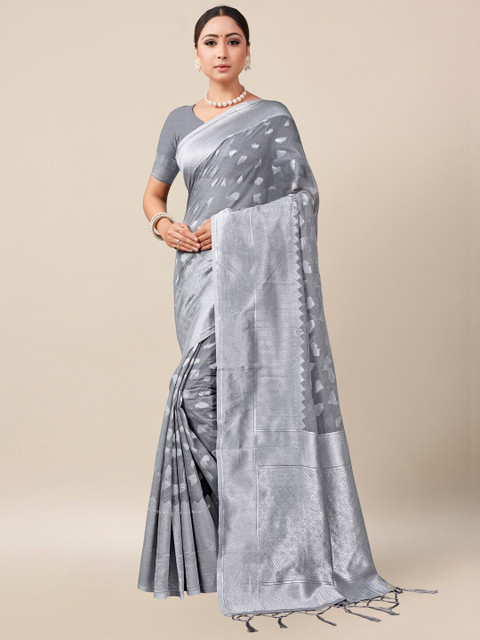 

AYKA CLOTHINGS Grey & Silver-Toned Woven Design Zari Banarasi Saree