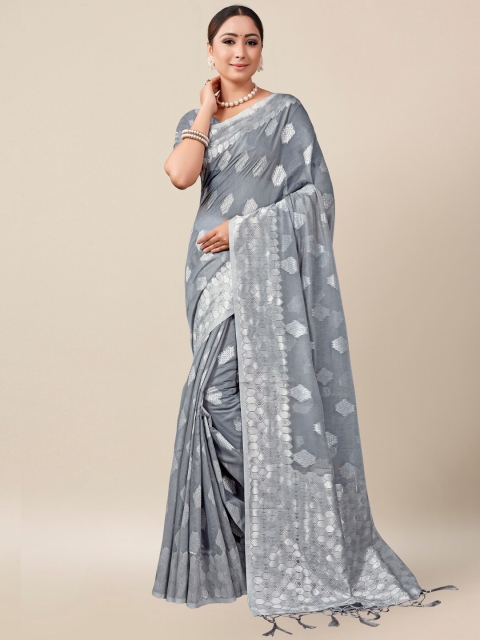 

AYKA CLOTHINGS Grey & Silver-Toned Ethnic Motifs Zari Banarasi Saree