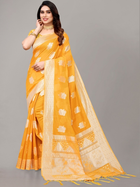 

AYKA CLOTHINGS Ethnic Motifs Zari Silk Cotton Banarasi Saree, Yellow