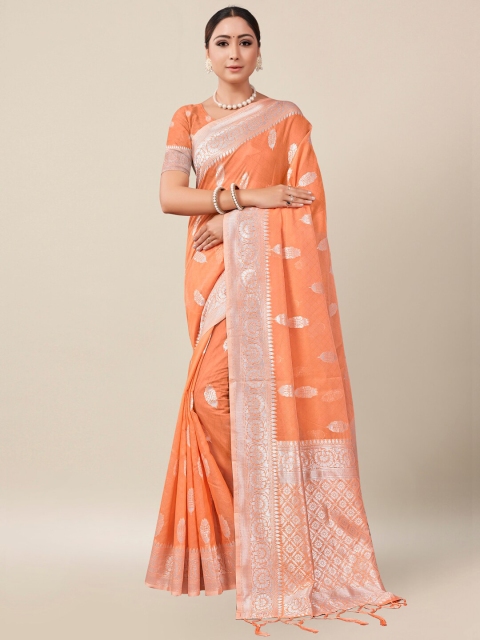 

AYKA CLOTHINGS Peach-Coloured & Silver-Toned Ethnic Motifs Zari Banarasi Saree