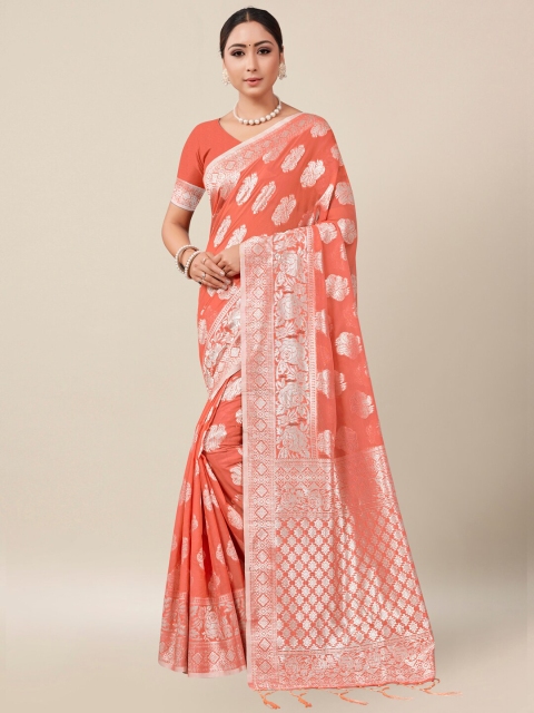 

AYKA CLOTHINGS Peach-Coloured & Silver-Toned Floral Zari Banarasi Saree
