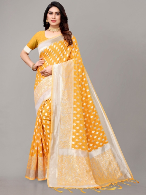 

AYKA CLOTHINGS Yellow & Silver-Toned Ethnic Motifs Zari Banarasi Saree