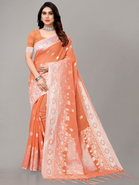 

AYKA CLOTHINGS Orange & Silver-Toned Woven Design Zari Banarasi Saree