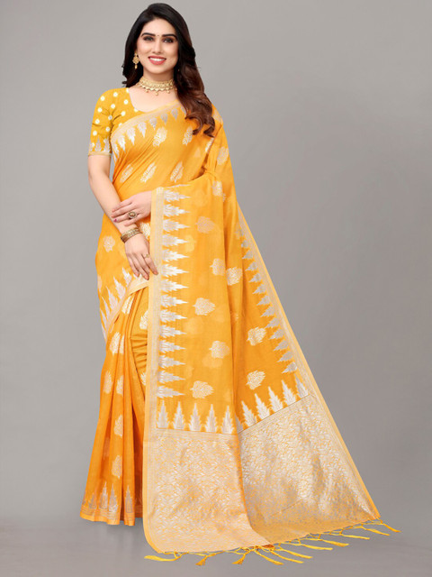 

AYKA CLOTHINGS Yellow & Silver-Toned Woven Design Zari Banarasi Saree
