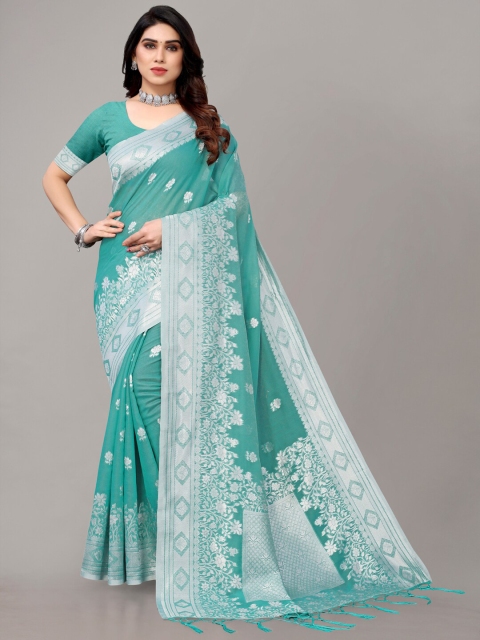 

AYKA CLOTHINGS Turquoise Green And Silver Toned Floral Zari Banarasi Saree