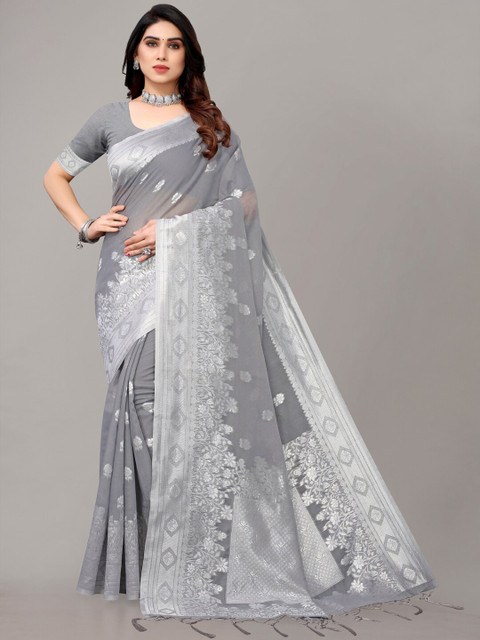 

AYKA CLOTHINGS Grey & Silver-Toned Woven Design Banarasi Saree