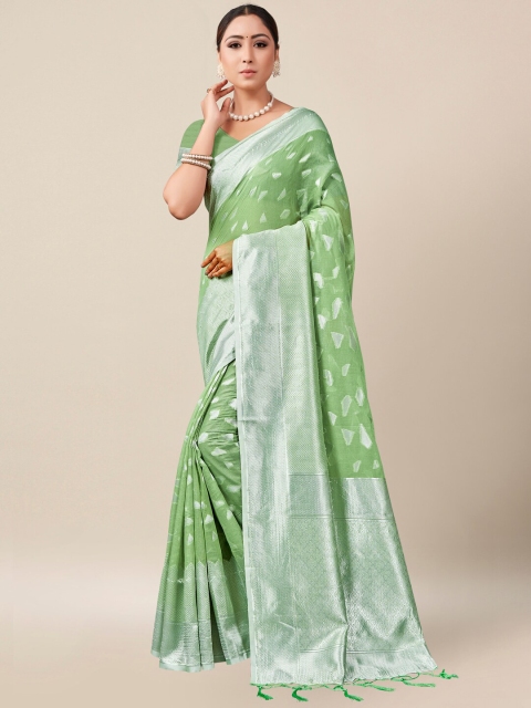 

AYKA CLOTHINGS Green & Silver-Toned Ethnic Motifs Zari Banarasi Saree