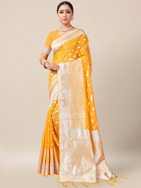 

AYKA CLOTHINGS Yellow & Silver-Toned Ethnic Motifs Zari Banarasi Saree