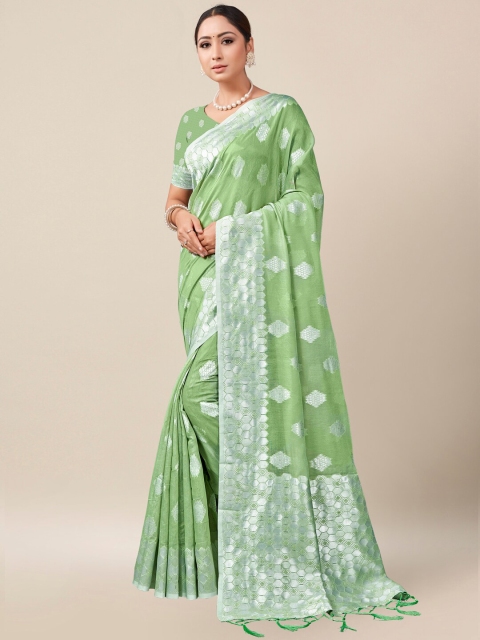 

AYKA CLOTHINGS Green & Silver-Toned Woven Design Zari Banarasi Saree