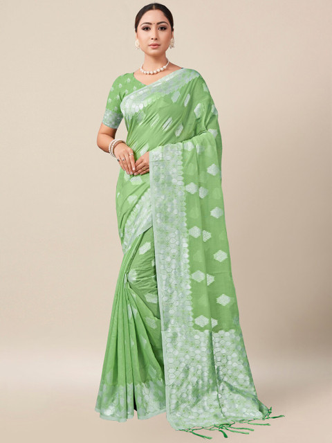 

AYKA CLOTHINGS Green & Silver-Toned Ethnic Motifs Zari Banarasi Saree