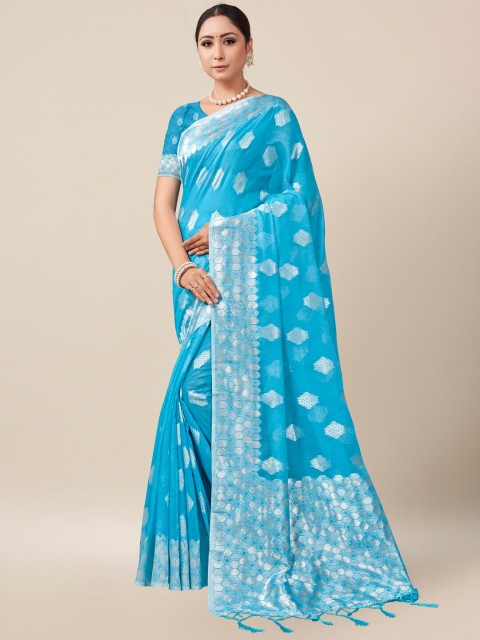 

AYKA CLOTHINGS Blue & Silver-Toned Ethnic Motifs Zari Banarasi Saree