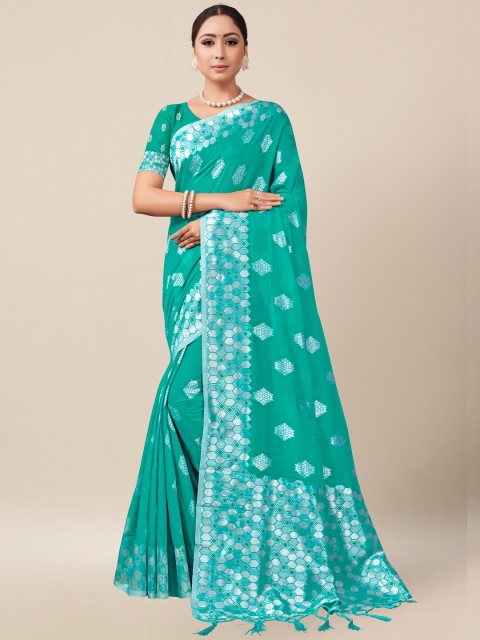 

AYKA CLOTHINGS Turquoise Blue & Silver-Toned Woven Design Zari Banarasi Saree